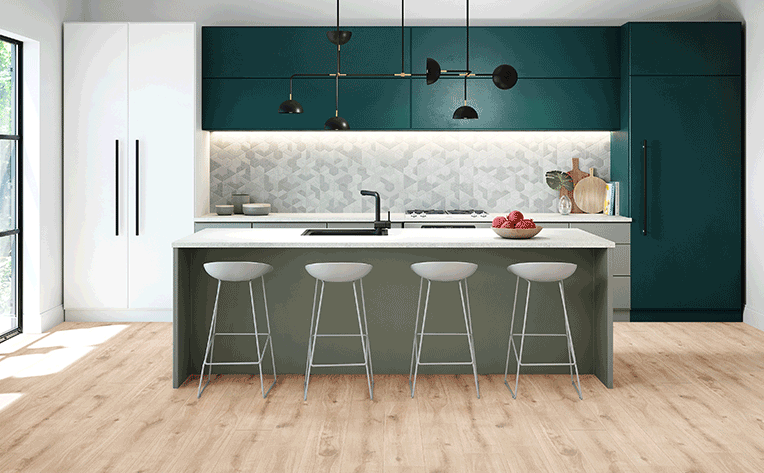 laminate flooring in retro inspired colorful kitchen