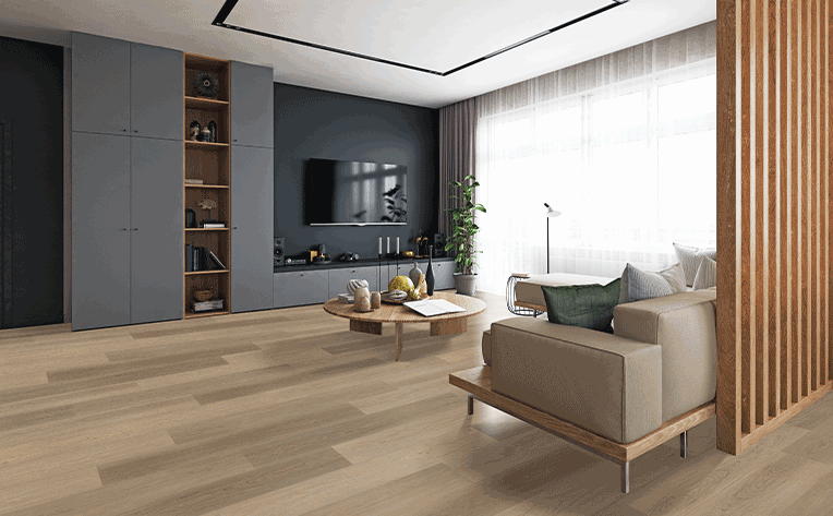 warm toned laminate flooring in living room